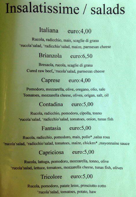 Menu di Caffetteria della Via Bellotti 