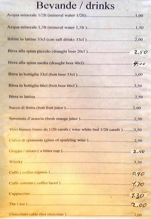 Menu di Caffetteria della Via Bellotti 