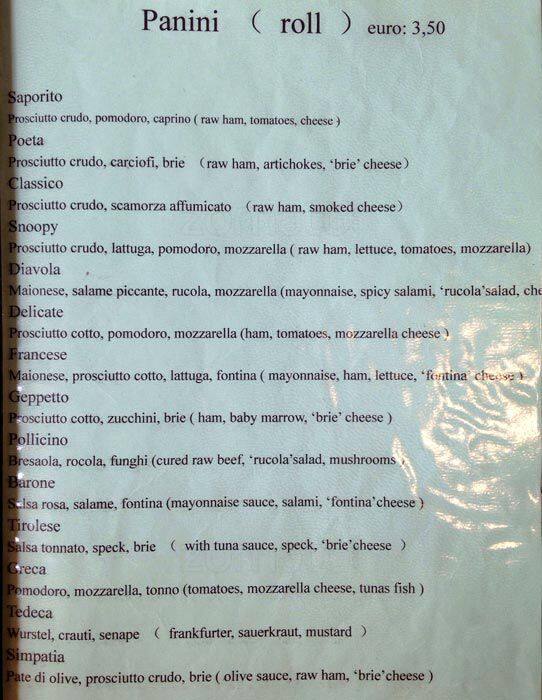 Menu di Caffetteria della Via Bellotti 