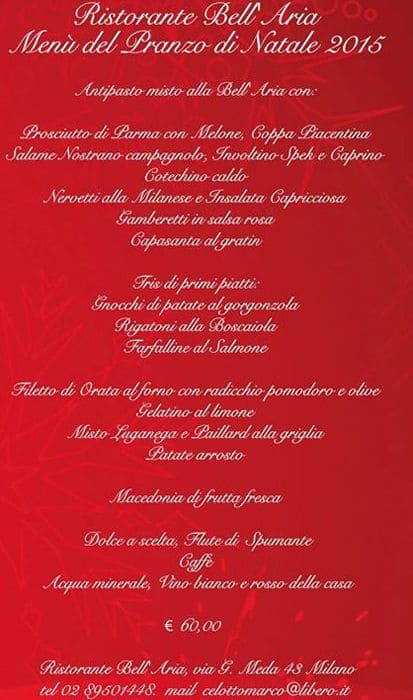 Menu Di Natale In Ristorante.Bell Aria Menu Menu For Bell Aria Chiesa Rossa Milano