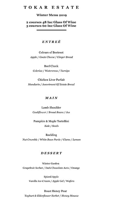 Menu at Tokar Estate restaurant, Coldstream