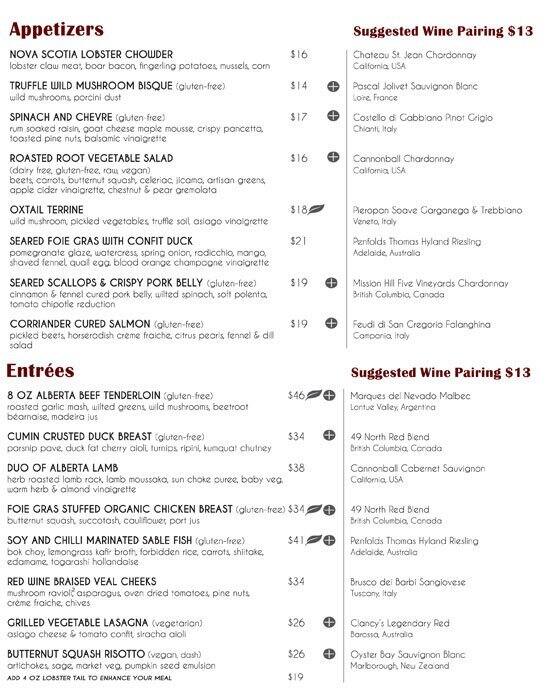 Menu au The Harvest Room restaurant, Edmonton