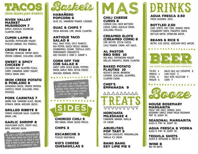 Antique Taco Menu, Menu for Antique Taco, Bridgeport, Chicago