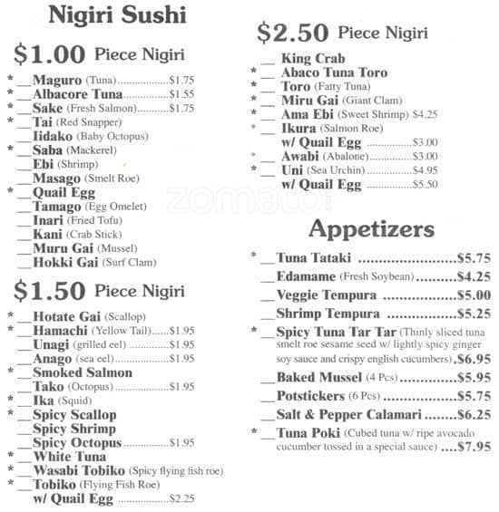 Menu at New Zealand Cafe, Charlotte