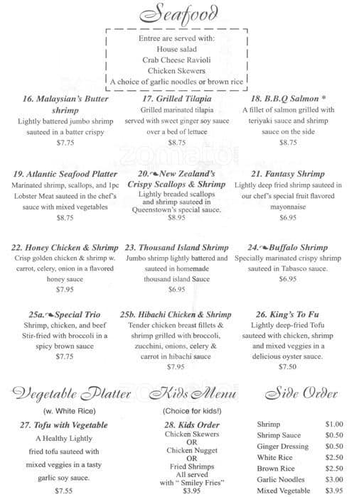 Menu at New Zealand Cafe, Charlotte