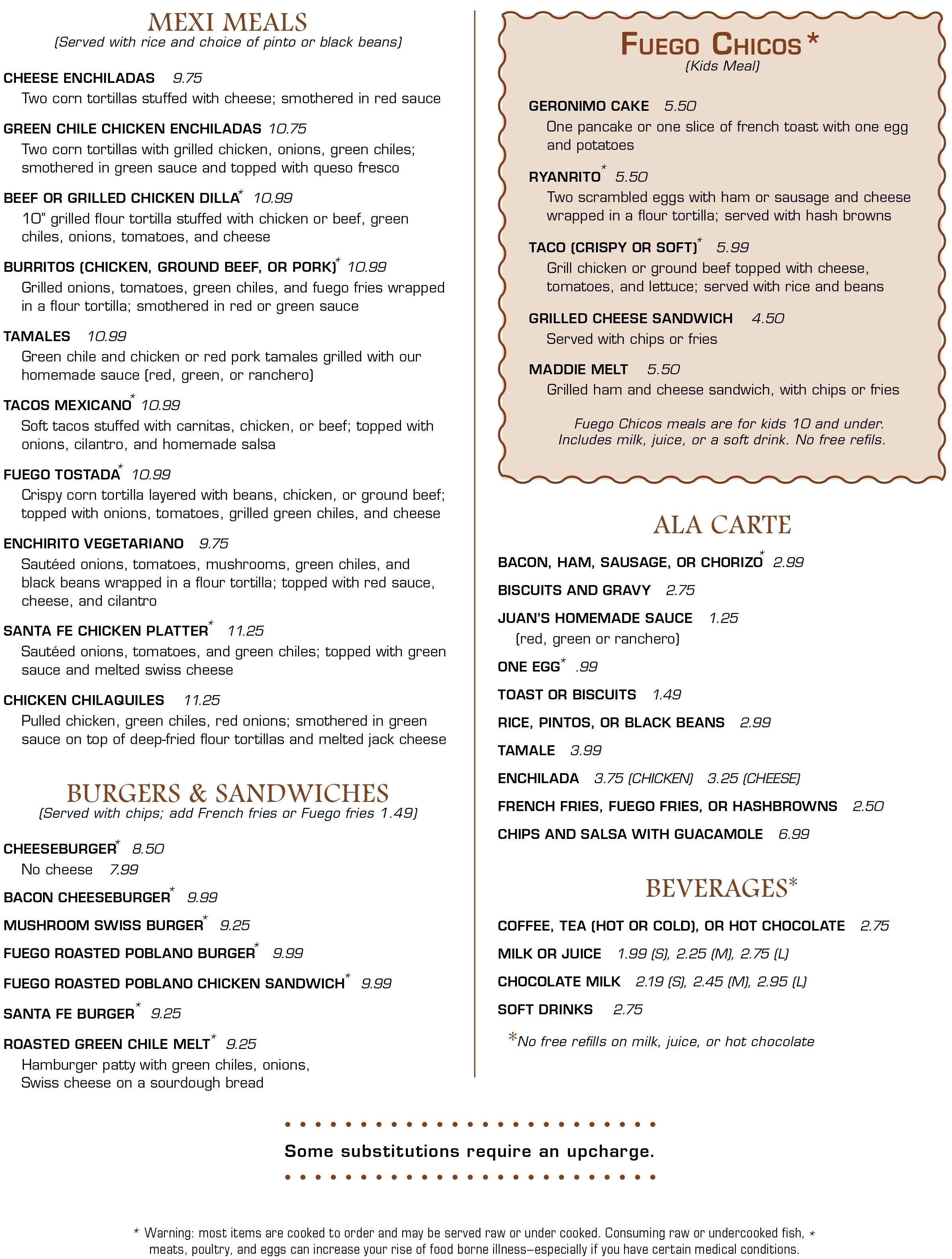 Menu at Juan del Fuego Mexi Diner restaurant, Norman