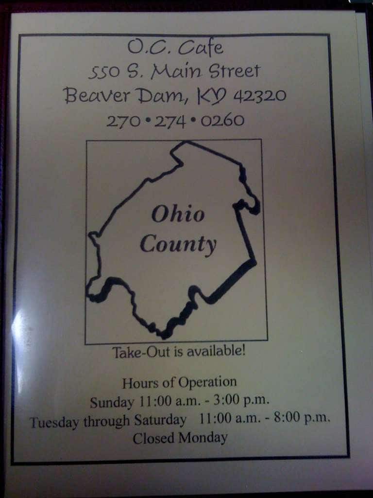 Menu at Oc Cafe, Beaver Dam