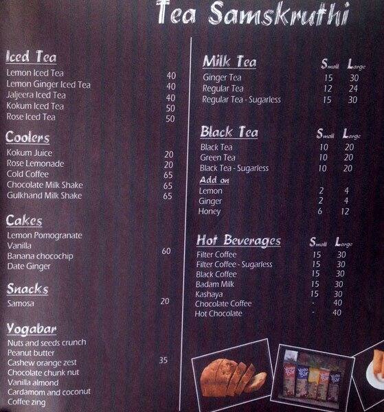 Tea Samskruthi Menu, Menu for Tea Samskruthi, Malleshwaram, Bangalore