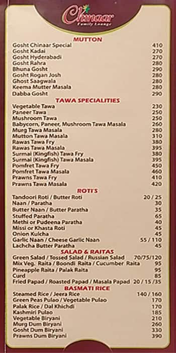 Chinar Bar And Restaurant menu