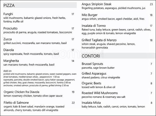 Mio RistoBar menu