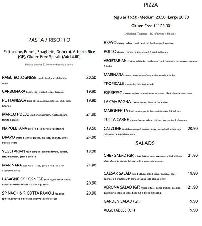 Carta del restaurante Bravo's Norwood, Norwood