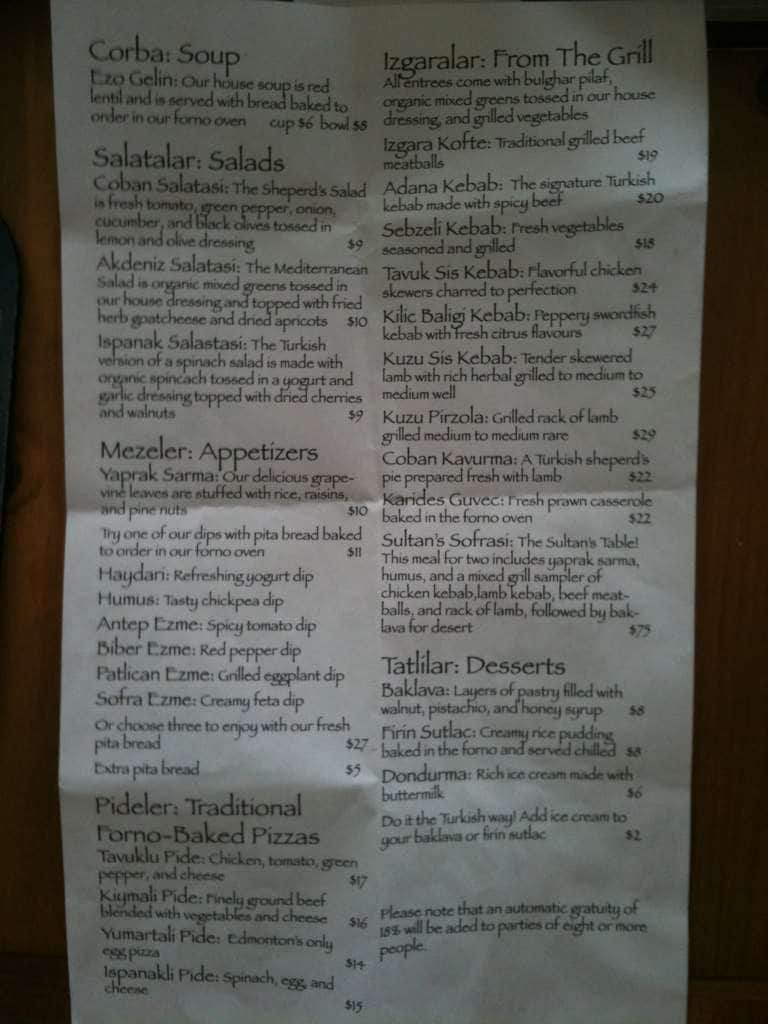 Sofra Menu, Menu for Sofra, Downtown, Edmonton Urbanspoon/Zomato