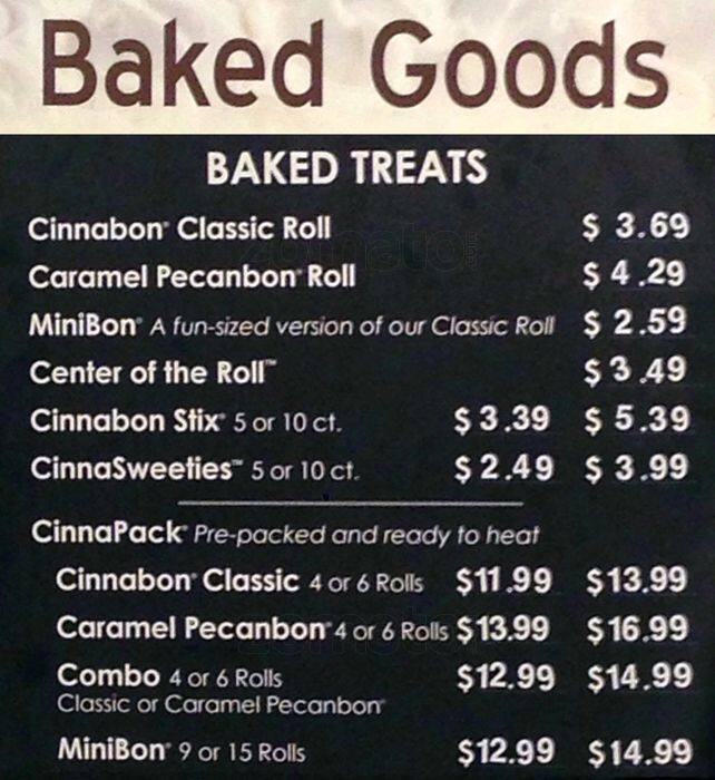 Cinnabon Menu, Menu for Cinnabon, Concord Mills, Charlotte Urbanspoon