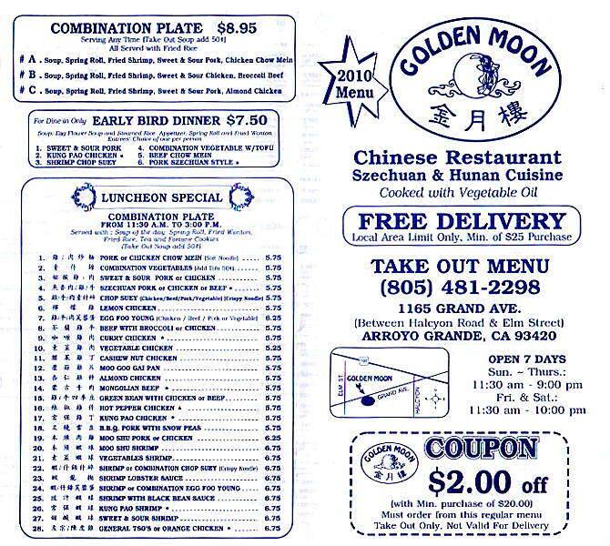 Golden Moon Restaurant Menu For Arroyo Golden Moon Restaurant Arroyo Grande Menu