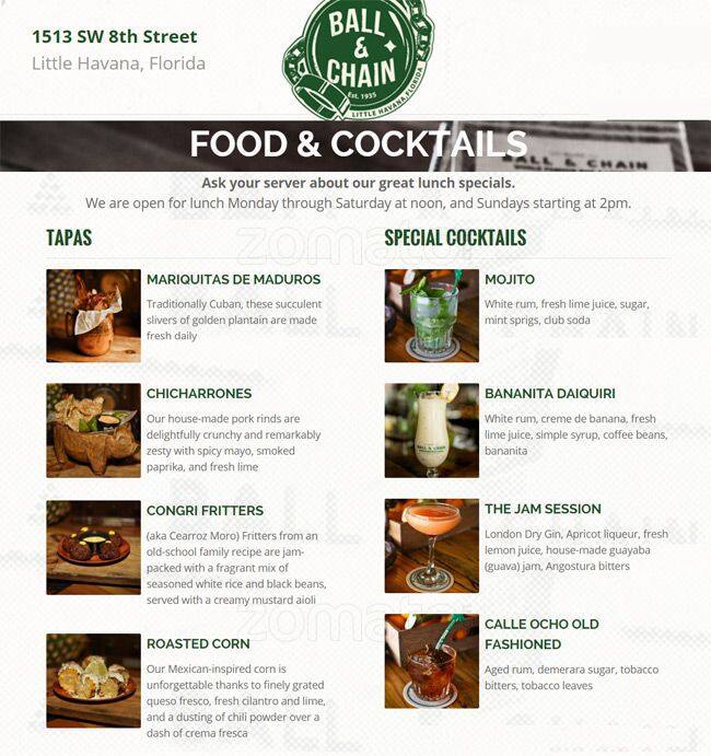 Ball & Chain Menu, Menu for Ball & Chain, Little Havana, Miami
