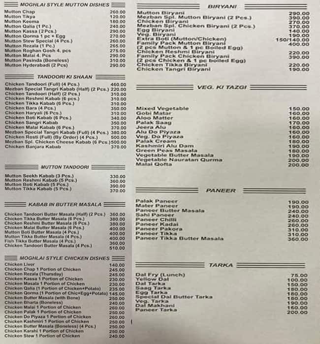 Mezban Restaurant & Caterers menu