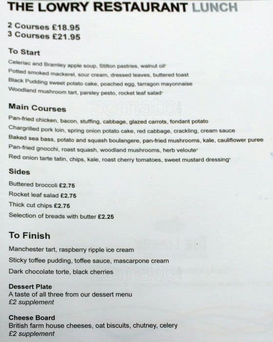 The Lowry Restaurant a Manchester Foto del Menu con Prezzi Zomato UK