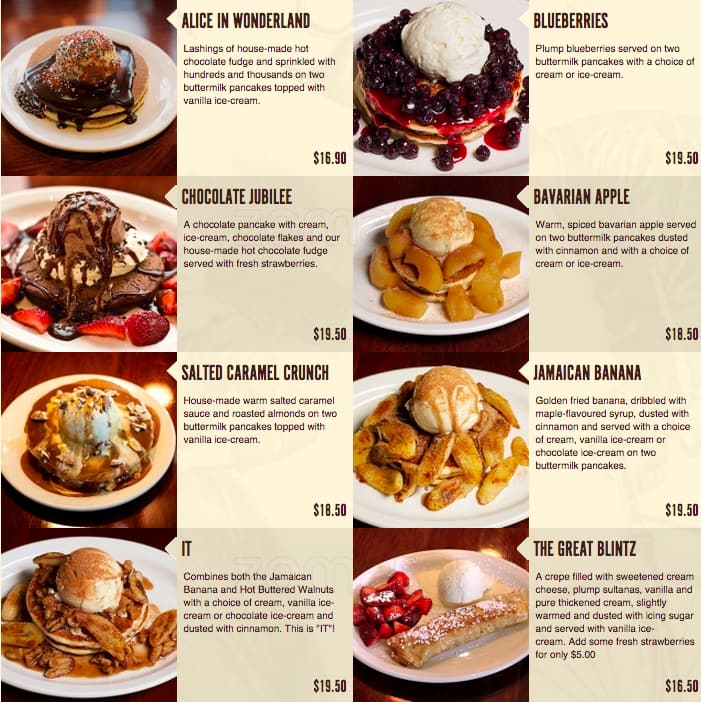 Menu at The Pancake Parlour desserts, Chadstone, Chadstone Shopping Centre