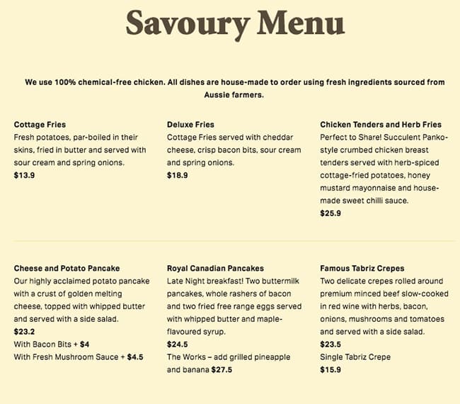 Menu at The Pancake Parlour restaurant, Narre Warren