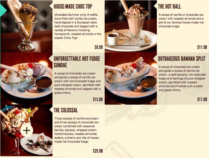 Menu at The Pancake Parlour desserts, Chadstone, Chadstone Shopping Centre