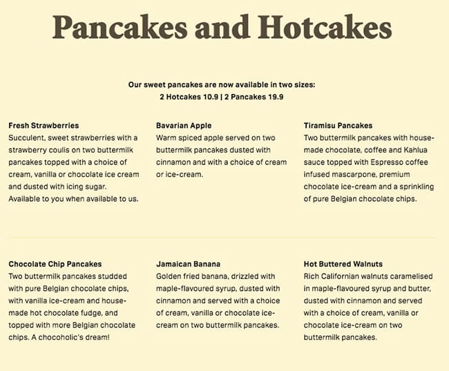 Menu at The Pancake Parlour restaurant, Narre Warren