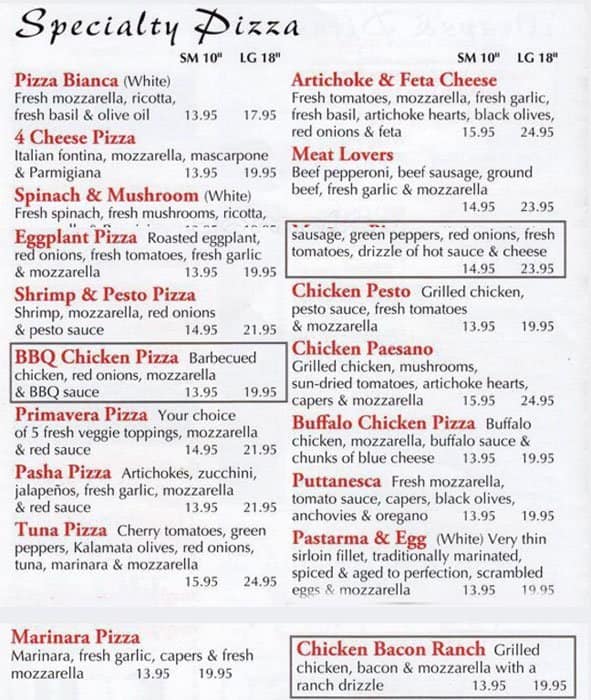 Menu at Pasha Pizza pizzeria, New York City