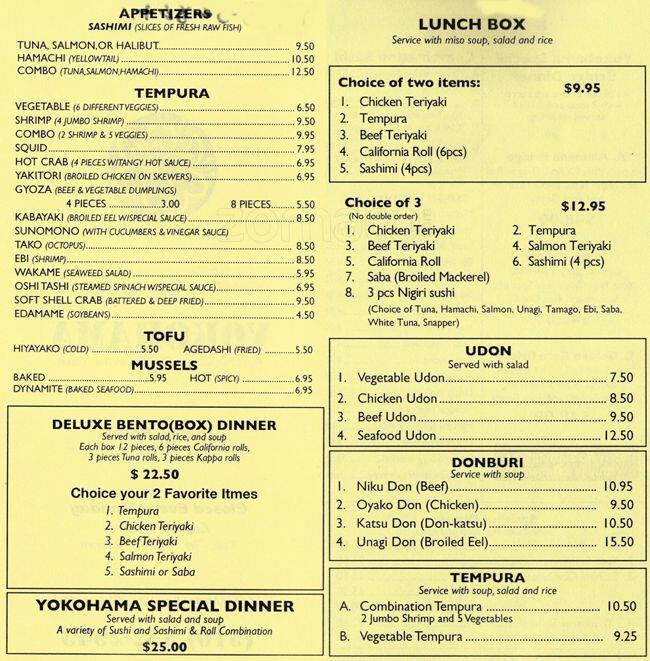 Yokohama Menu, Menu for Yokohama, Alameda, Alameda Urbanspoon/Zomato