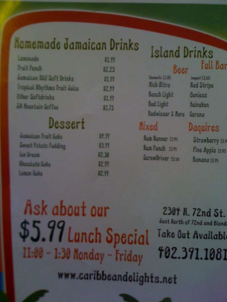 Menu at Caribbean Delights restaurant, Omaha