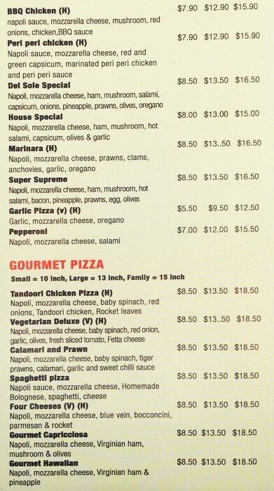 Menu at Pizza Del Sole pizzeria, Yarraville