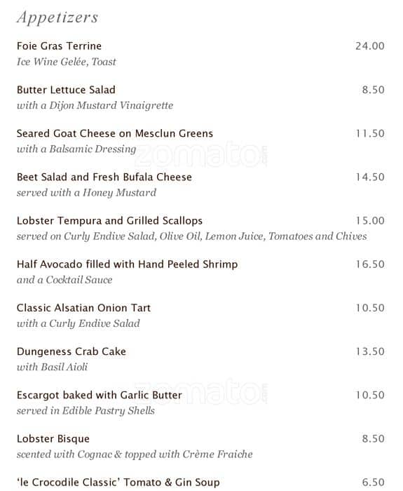 Le Crocodile Menu, Menu for Le Crocodile, West End, Vancouver
