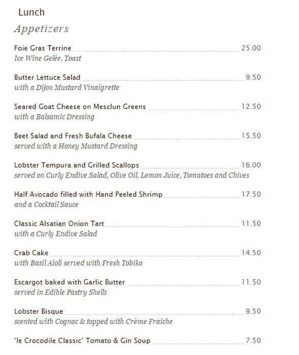 Le Crocodile Menu, Menu for Le Crocodile, West End, Vancouver