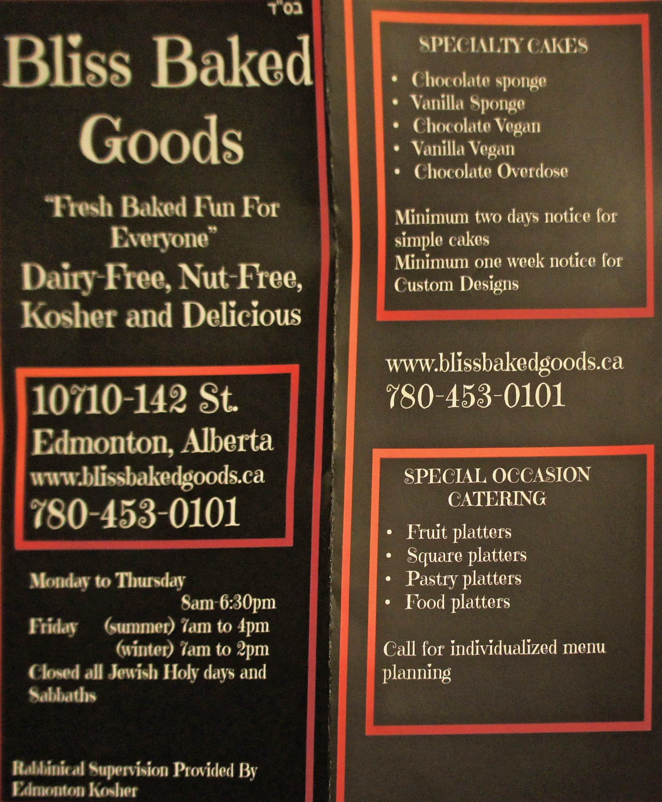 Menu at Bliss Baked Goods restaurant, Edmonton