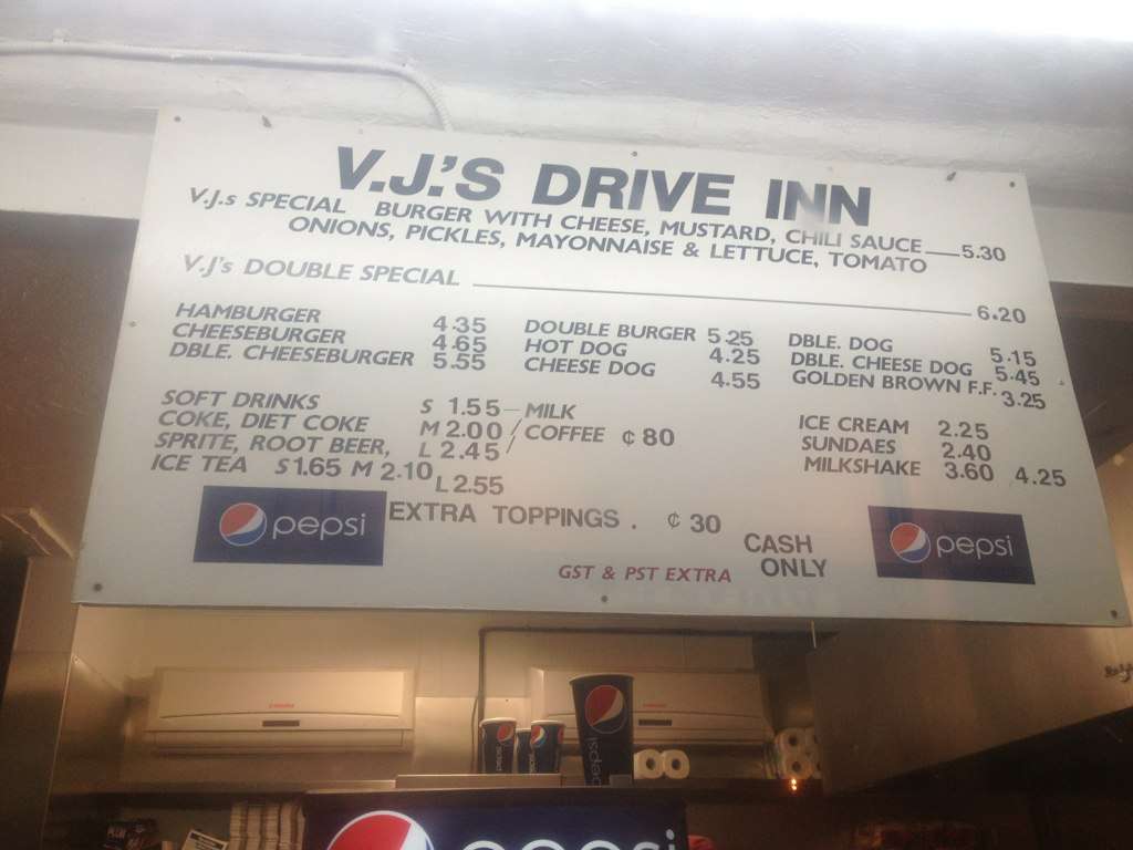 Menu at VJ's Drive Inn restaurant, Winnipeg