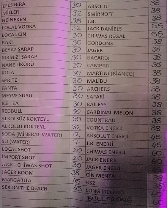 Tekyön Club Speisekarte