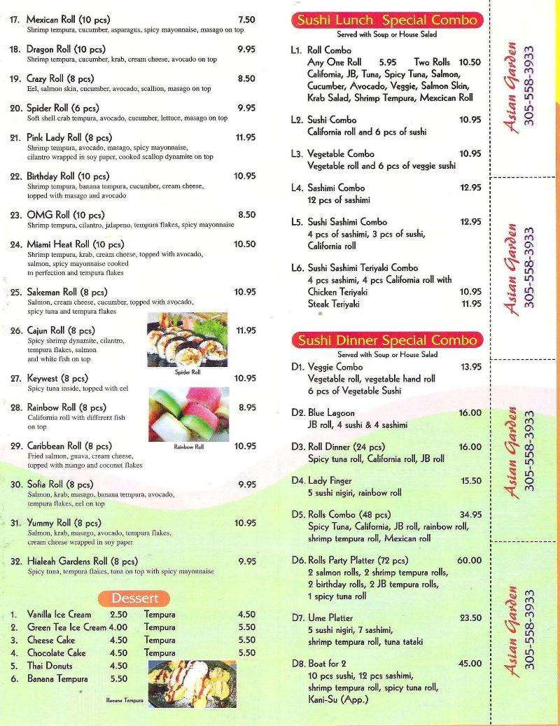 Asian Garden Chinese Food Sushi Bar Menu