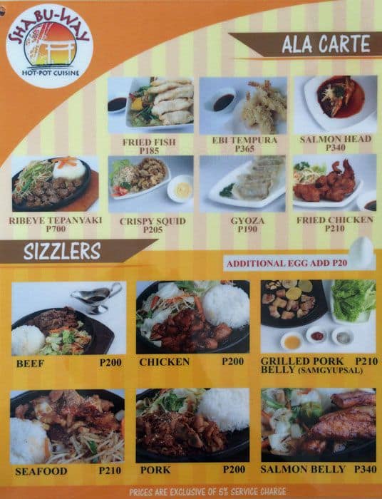 Menu at Shabu-Way restaurant, Cebu City