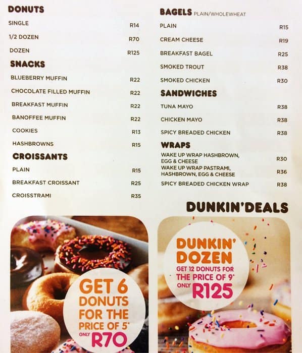 dunkin donuts menu list