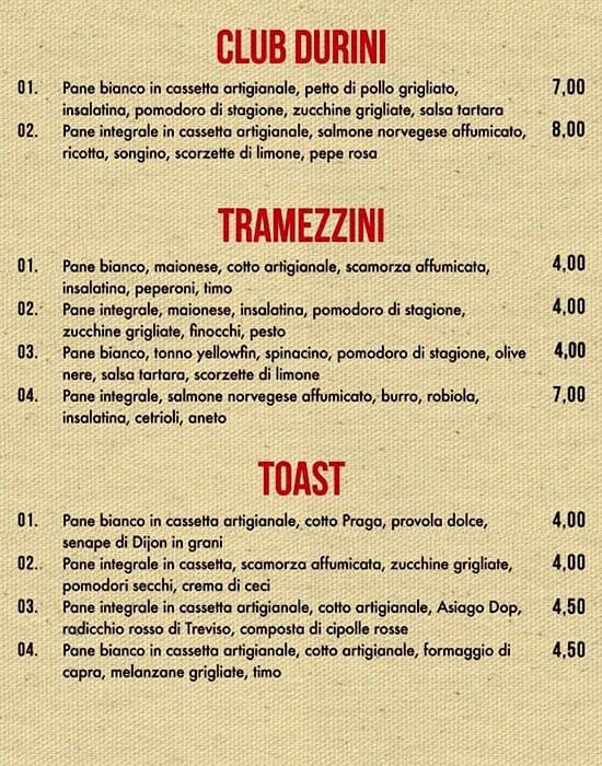 Menu di Panini Durini 