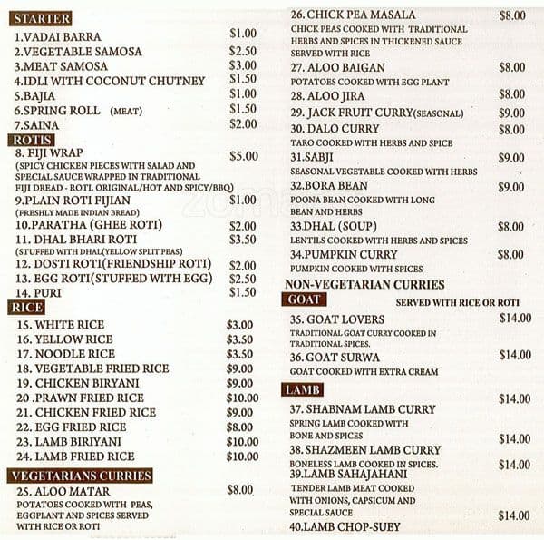 Fiji Food Menu