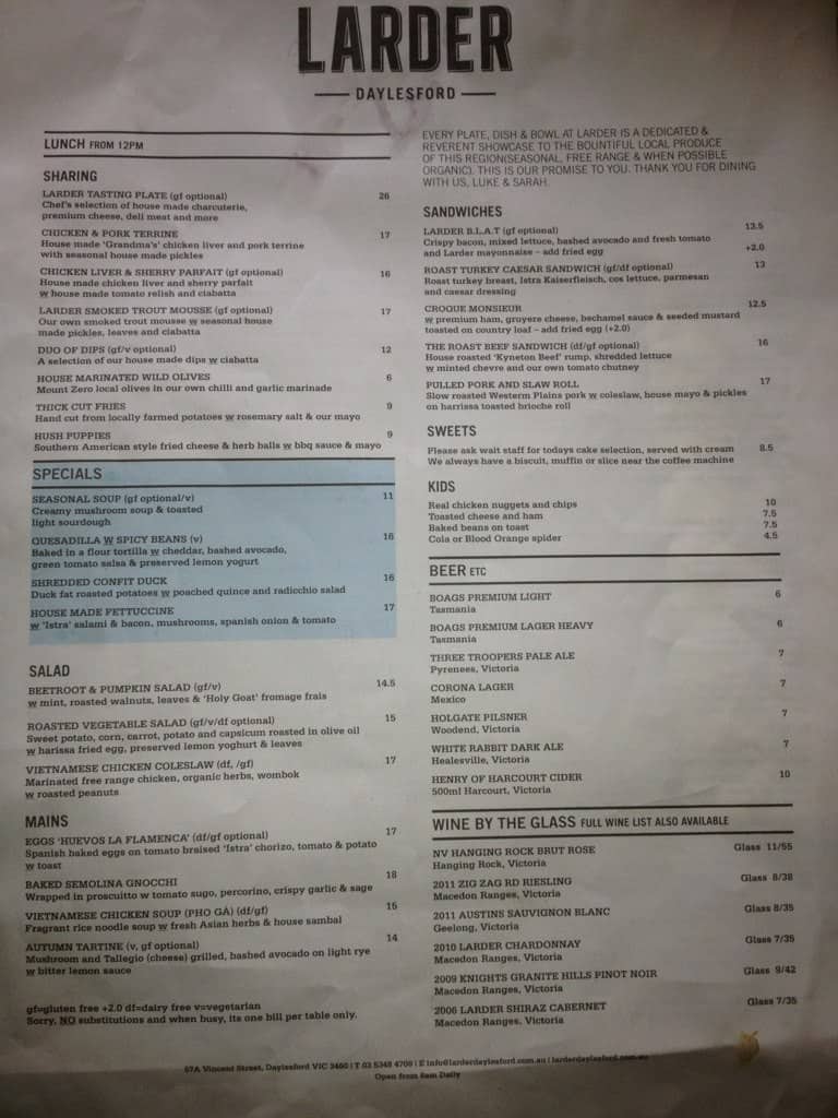 Larder Menu, Menu for Larder, Daylesford, Daylesford Urbanspoon/Zomato