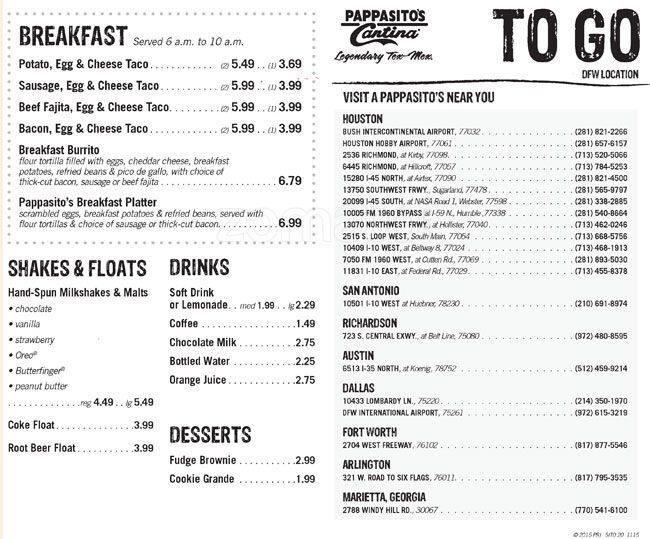 Menu at Pappasito's Cantina restaurant, Grapevine, E Airfield Dr