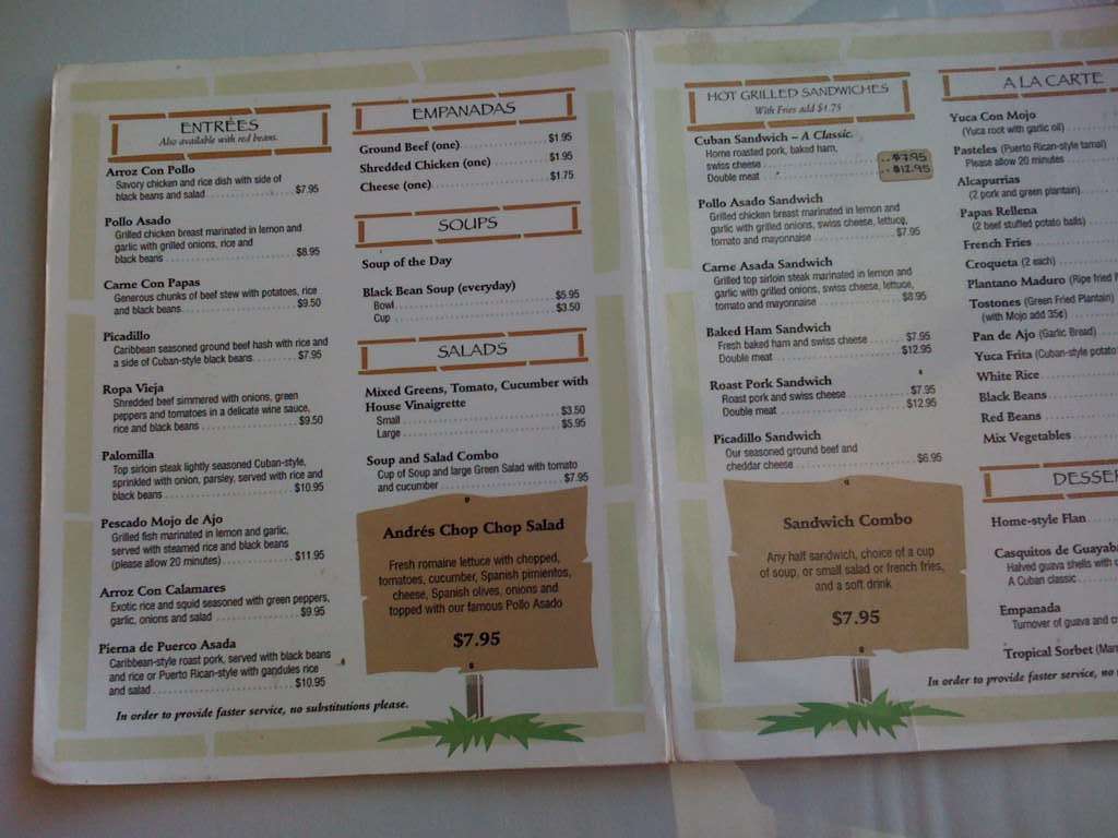 Menu at Andrés Restaurant, San Diego