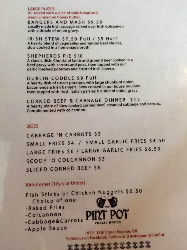Menu at The Pint Pot pub & bar, Eugene