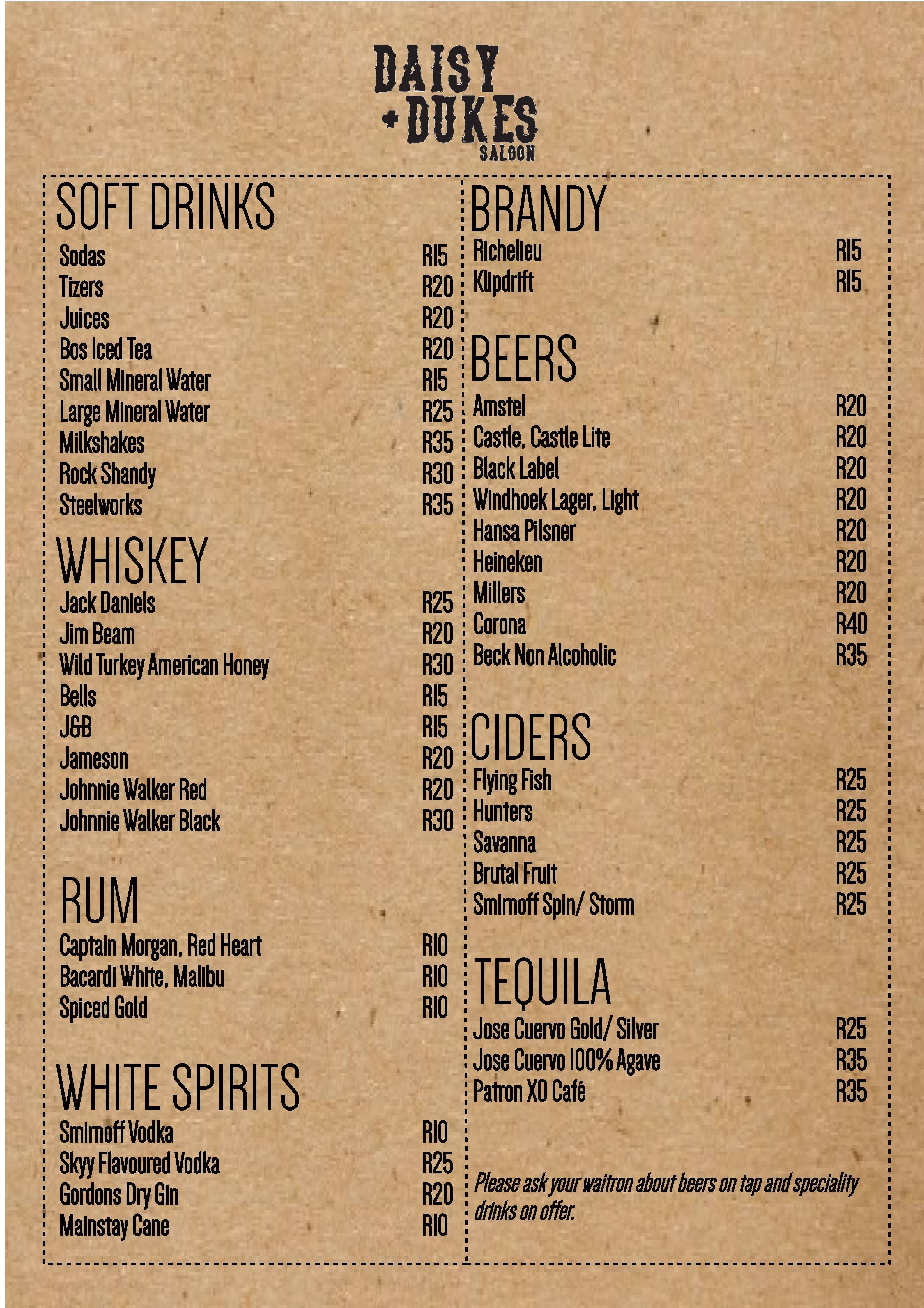 Menu at Daisy & Dukes pub & bar, Randburg