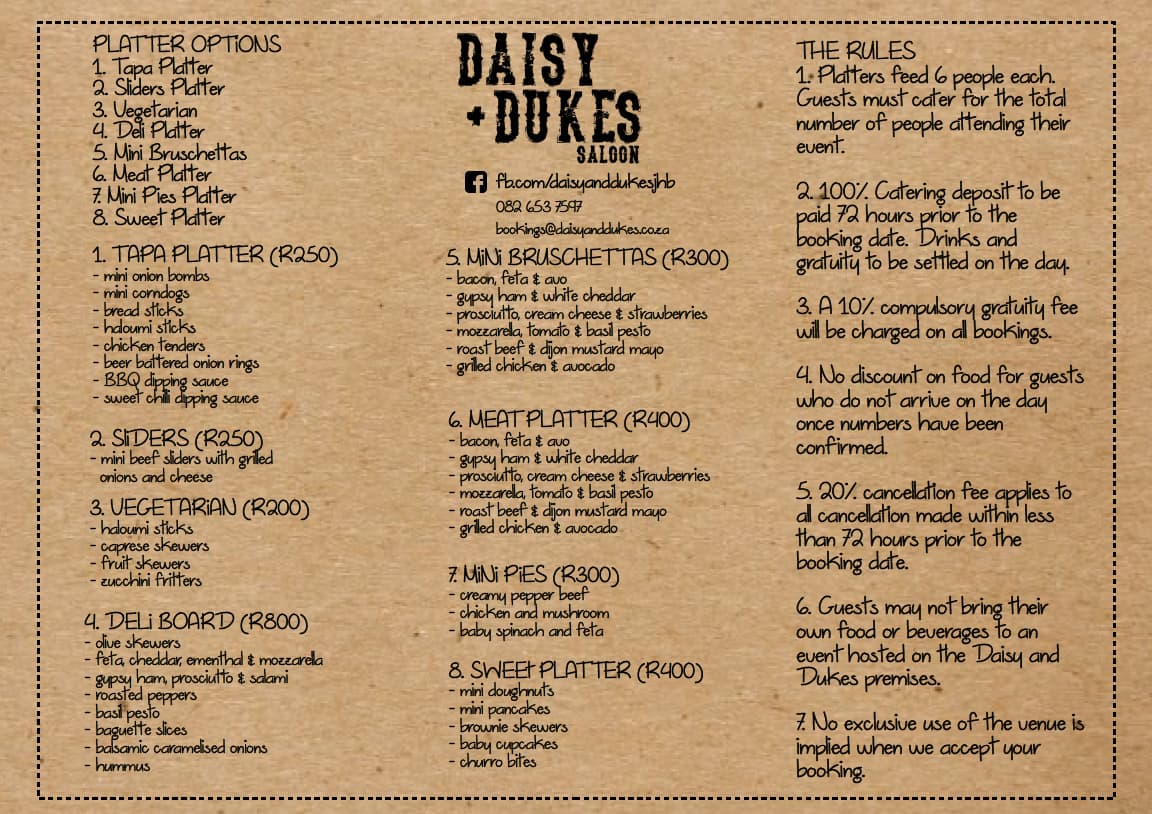 Menu at Daisy & Dukes pub & bar, Randburg