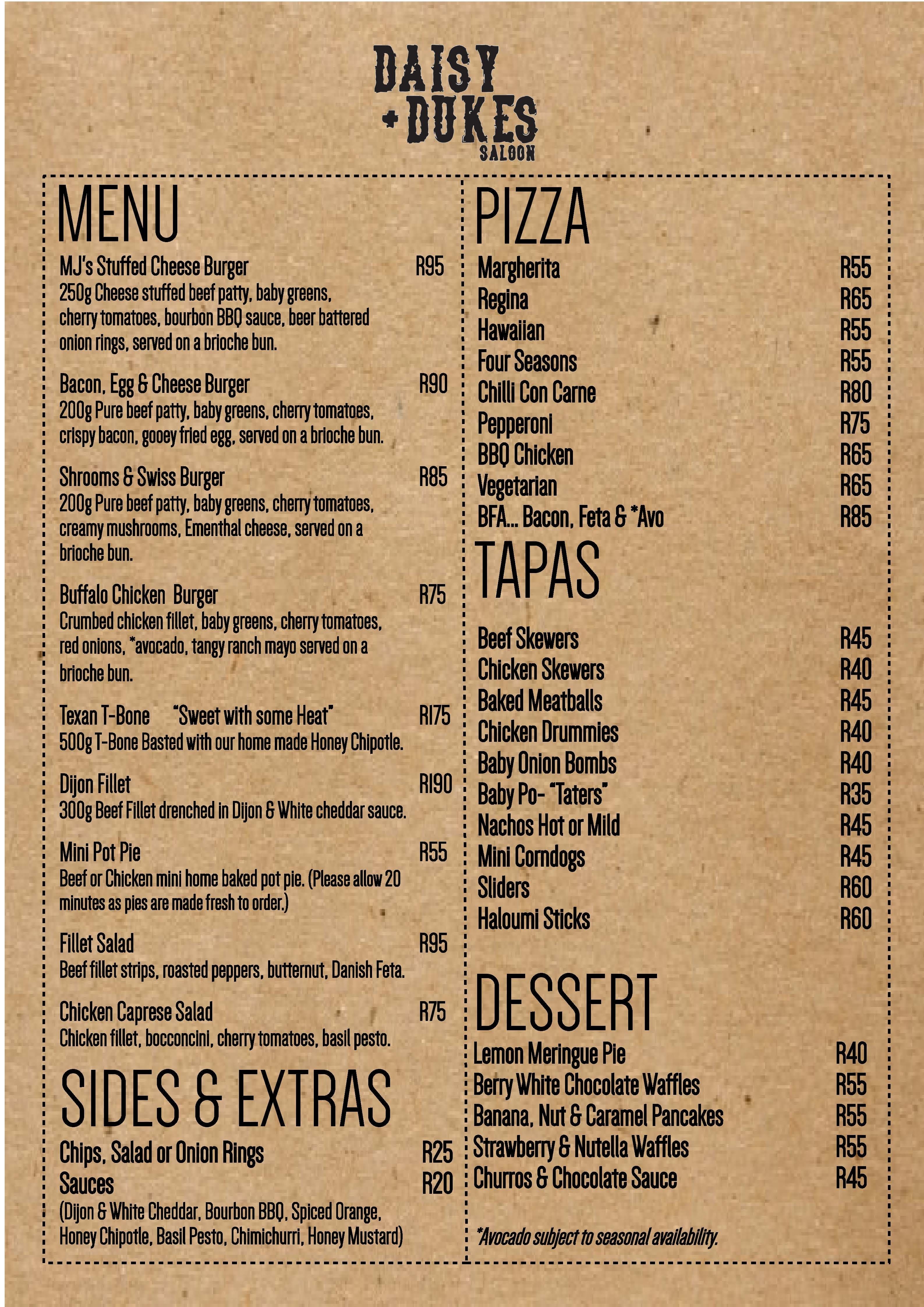 Daisy & Dukes Saloon Menu, Menu for Daisy & Dukes Saloon, North Riding