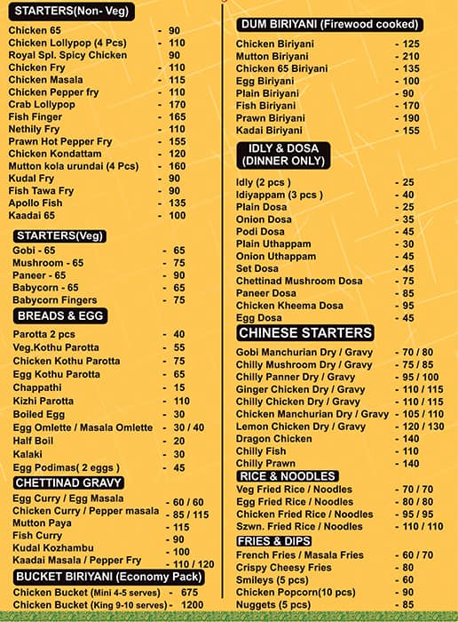 Menu of The Royal Biriyani, Neelambur, Coimbatore