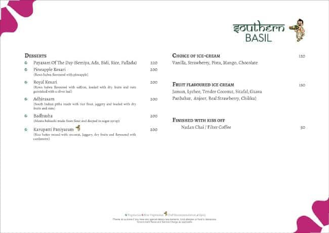 Menu of Southern Basil Panaji Goa