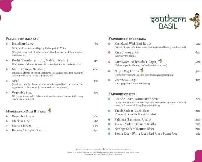 Menu of Southern Basil Panaji Goa