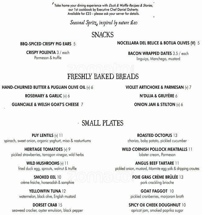 Menu at Duck & Waffle pub & bar, London
